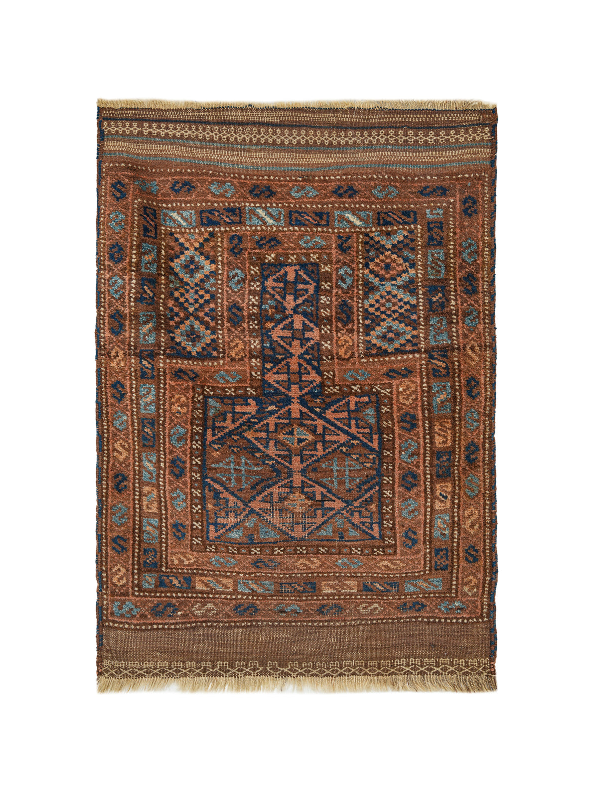 Antique Baloch tribal wool rug 3.8 x 2.8 ft with rich earthy tones, geometric diamond motifs and traditional borders, Balochistan, circa 1930s.
