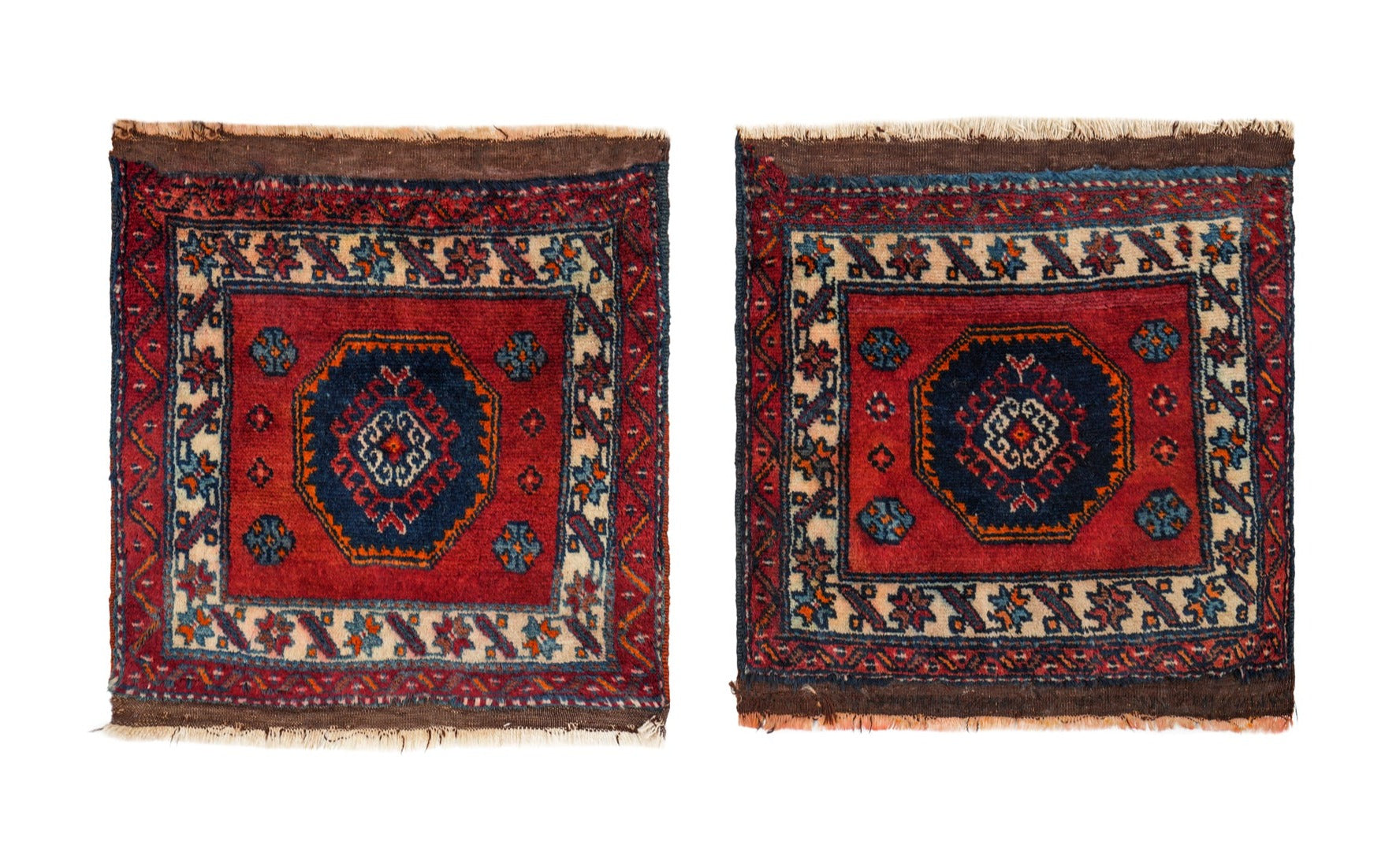 Vintage Turkish Ezine Bergama table Rug pair 17" x 15" each