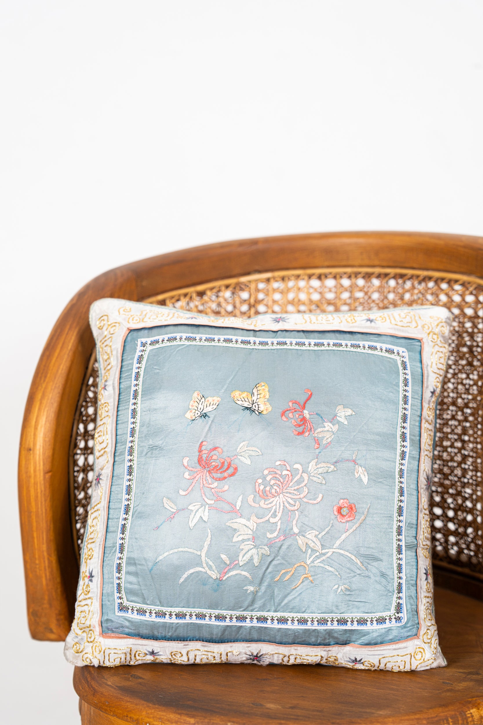 Two Vintage Silk Embroidery Cushions 1'2" x 1'2"- 1'3" x 1'3"