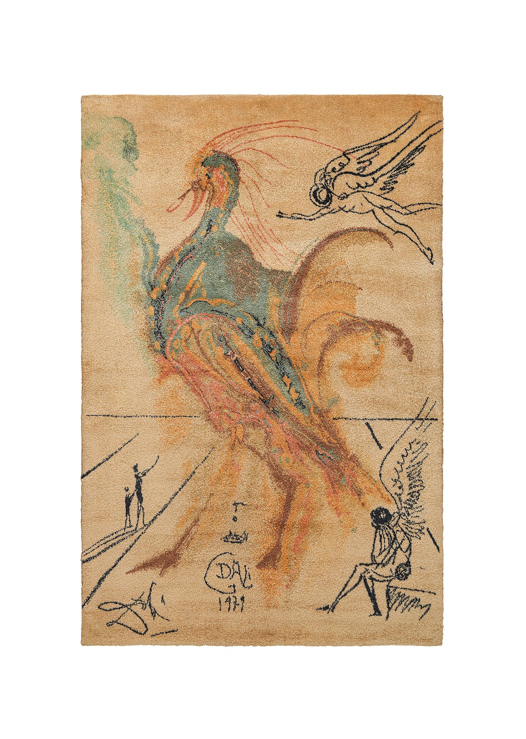 Vintage 1979 Salvador Dali Le Grand Pavon Ege Art Danish wool rug with surrealist peacock design
Shorter ALT: