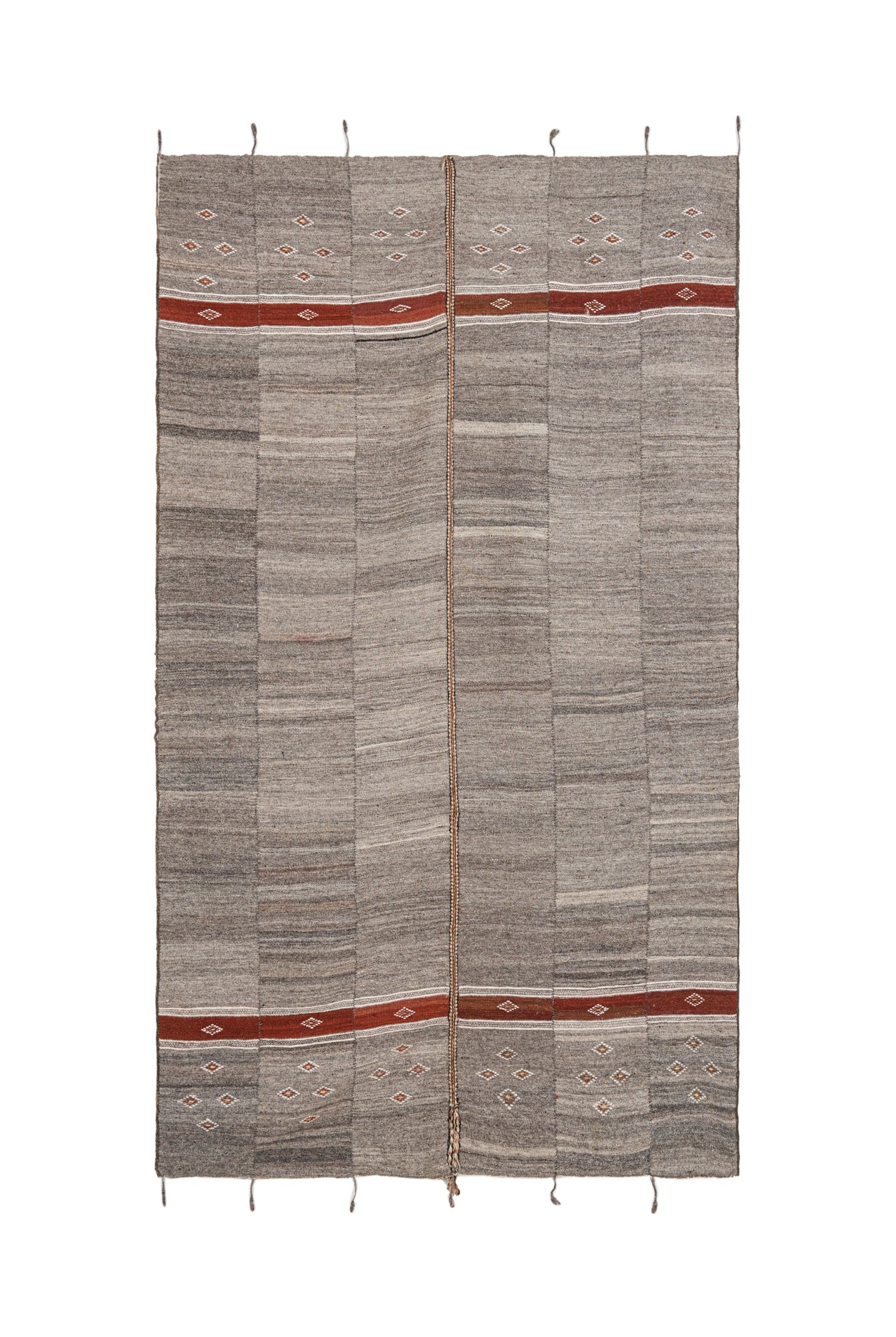 Vintage West African Khasa textile 7.9 x 4.5 ft, handwoven in wool and cotton with grey, rust and ivory geometric patterns, circa 1970s.