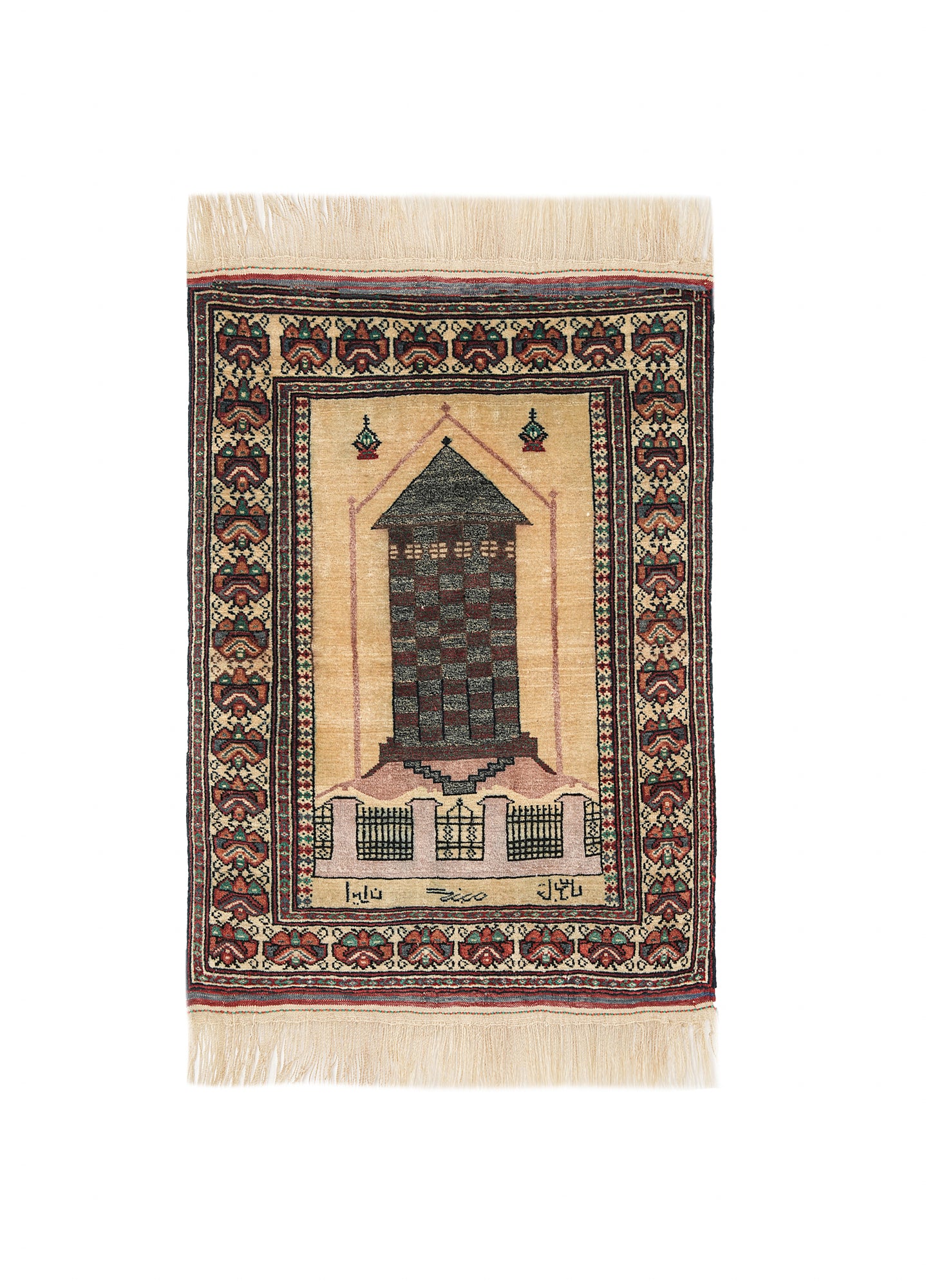 Vintage Balouch tribal wool rug 3.4 x 2.4 ft with beige field, architectural motif and earthy geometric borders, Balochistan, circa 1980s.