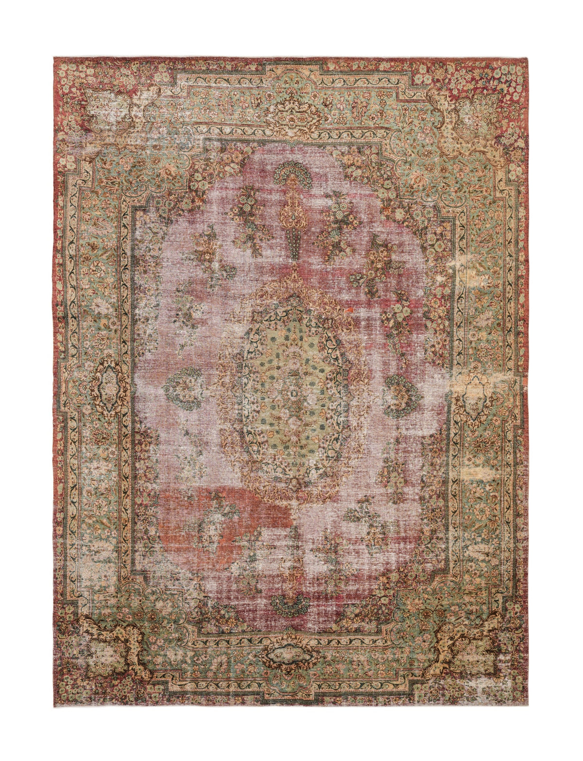 Vintage Persian Kerman rug 14 x 10 ft with floral medallion, faded rose-red field and hand-knotted wool, circa 1950s.