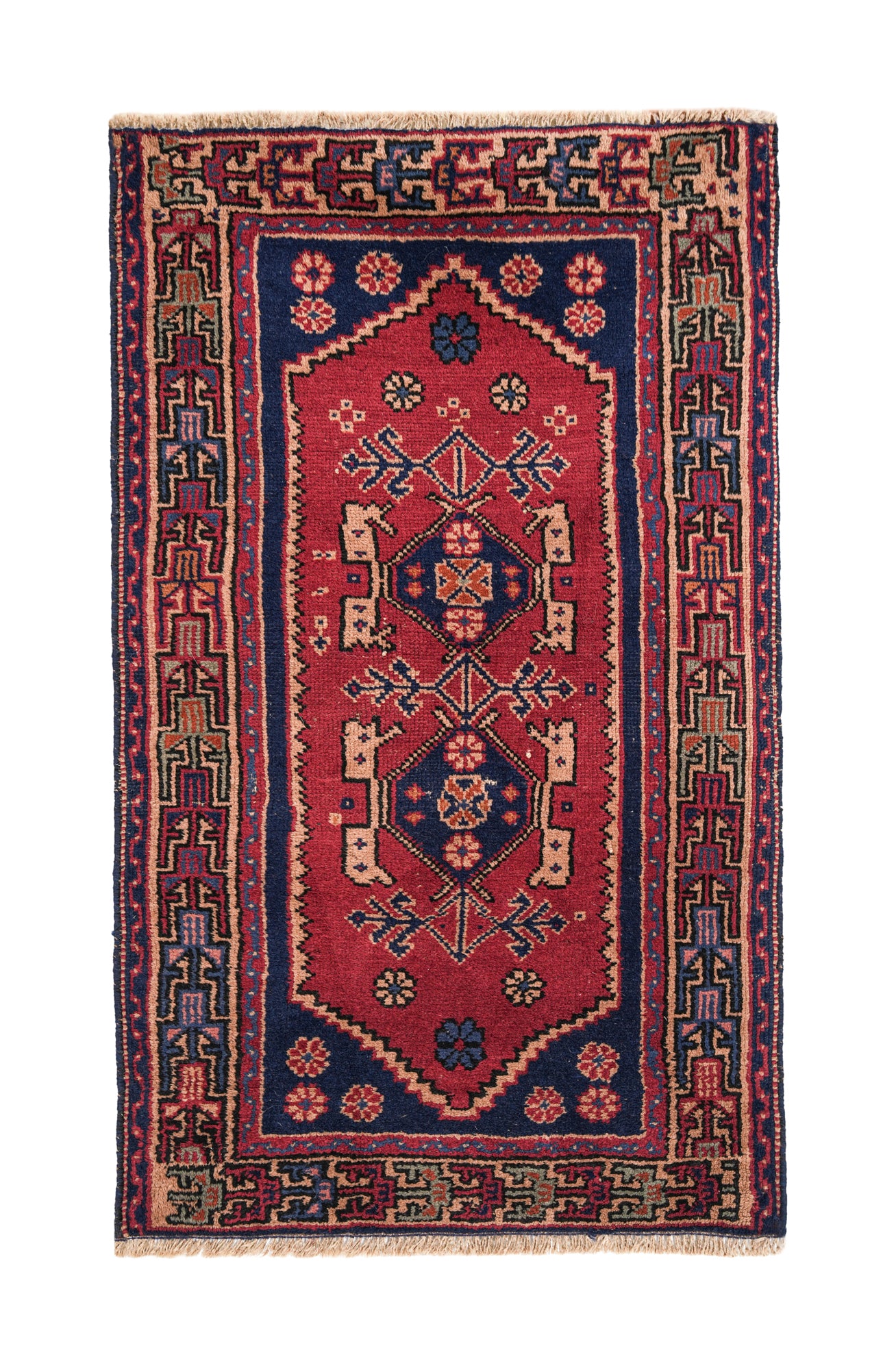 Traditional Turkish Milas rug with geometric medallions, animal motifs and detailed Anatolian borders, 3.6 x 2.1 ft