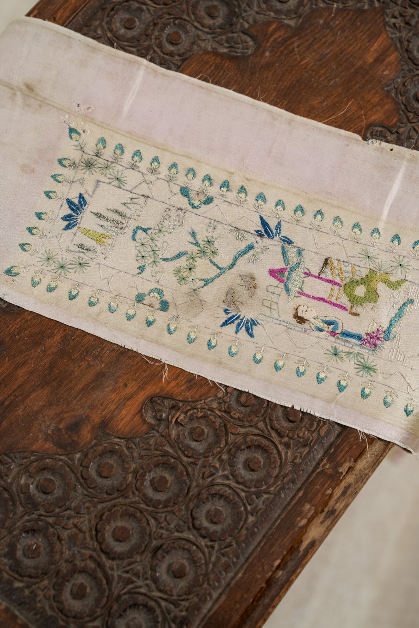 Antique Silk Chinese Embroidery Panel 3'4" x 6"