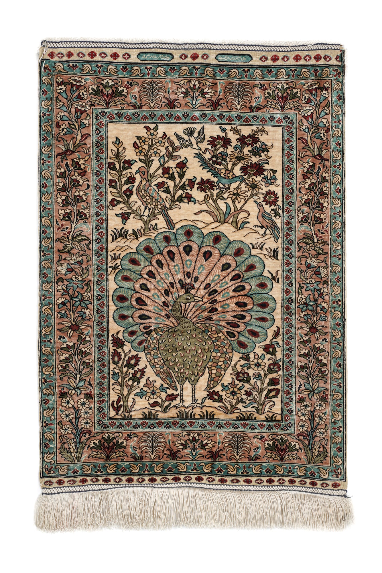 Vintage Turkish silk Keyseri Peacock Rug 2'3" x 1'6"