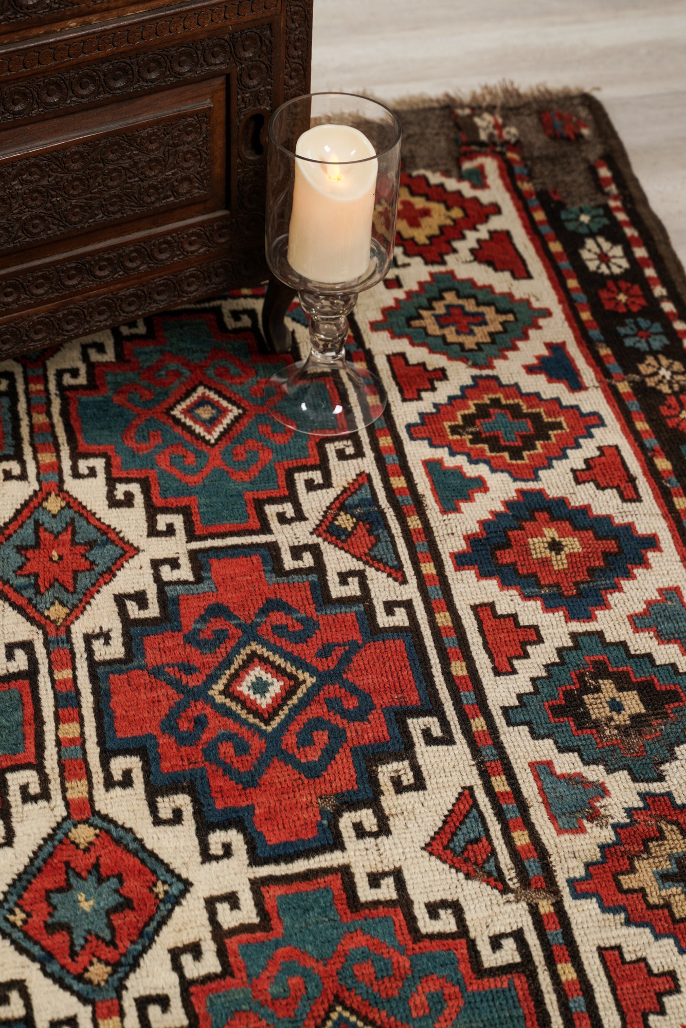 Antique Caucasian Memling Gol Kazak Rug 7'9" x 4'5"