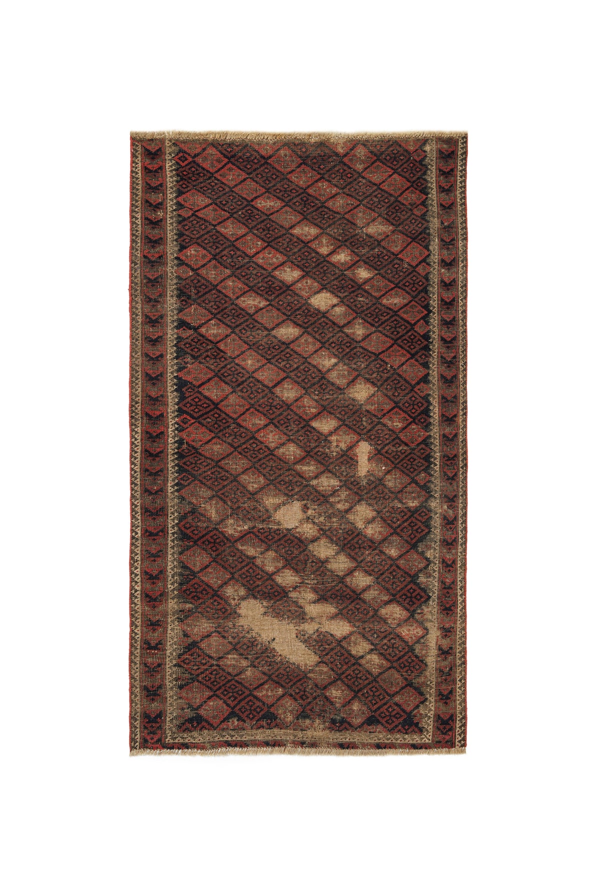 Antique Baluch fragment rug 5 x 3 ft with geometric diamond lattice motifs in rust, red, brown and charcoal, hand-knotted in pure wool circa 1930s.