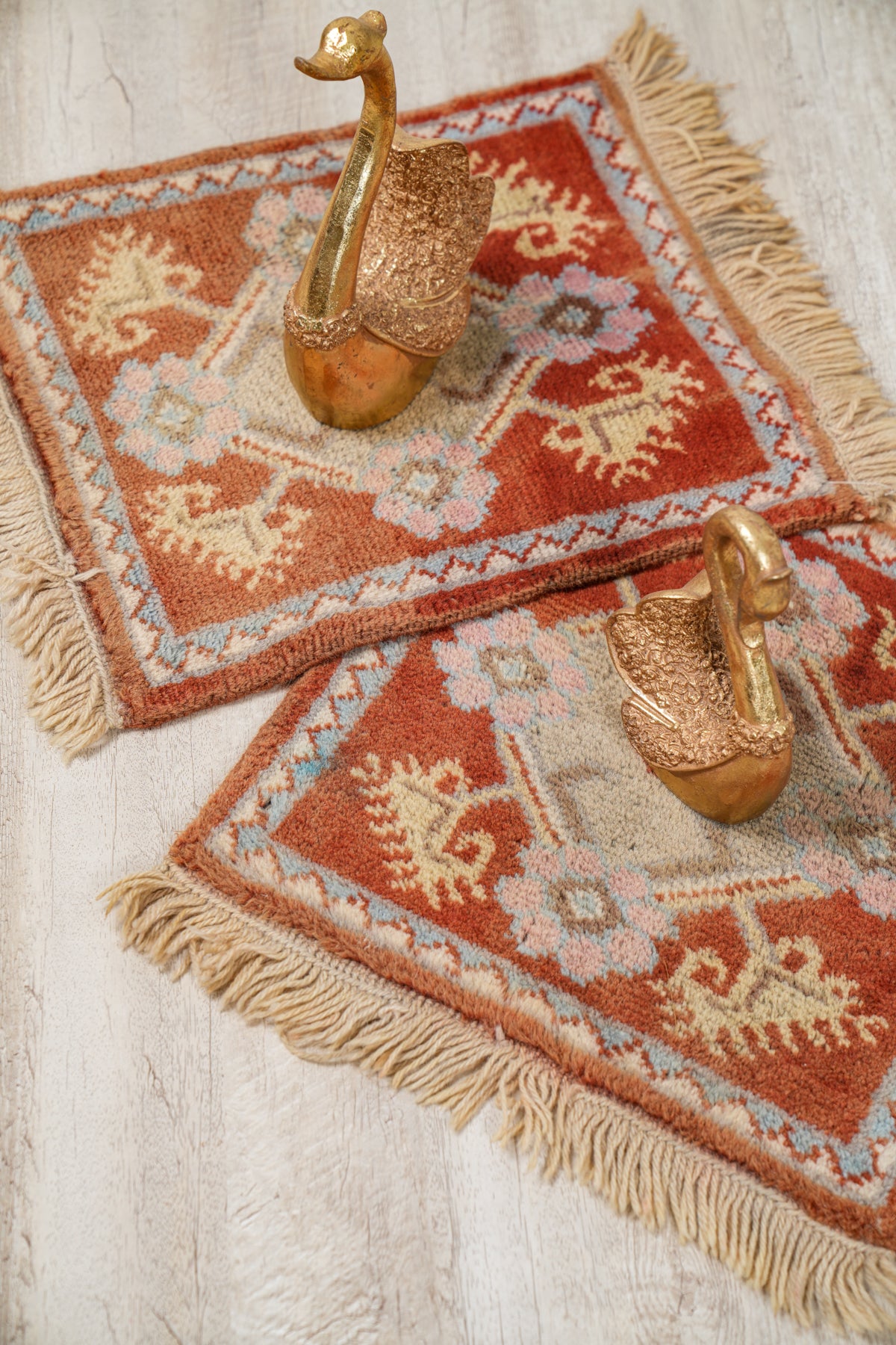 Vintage Turkish Table Rug Pair 15" x 14" & 14" x 14"