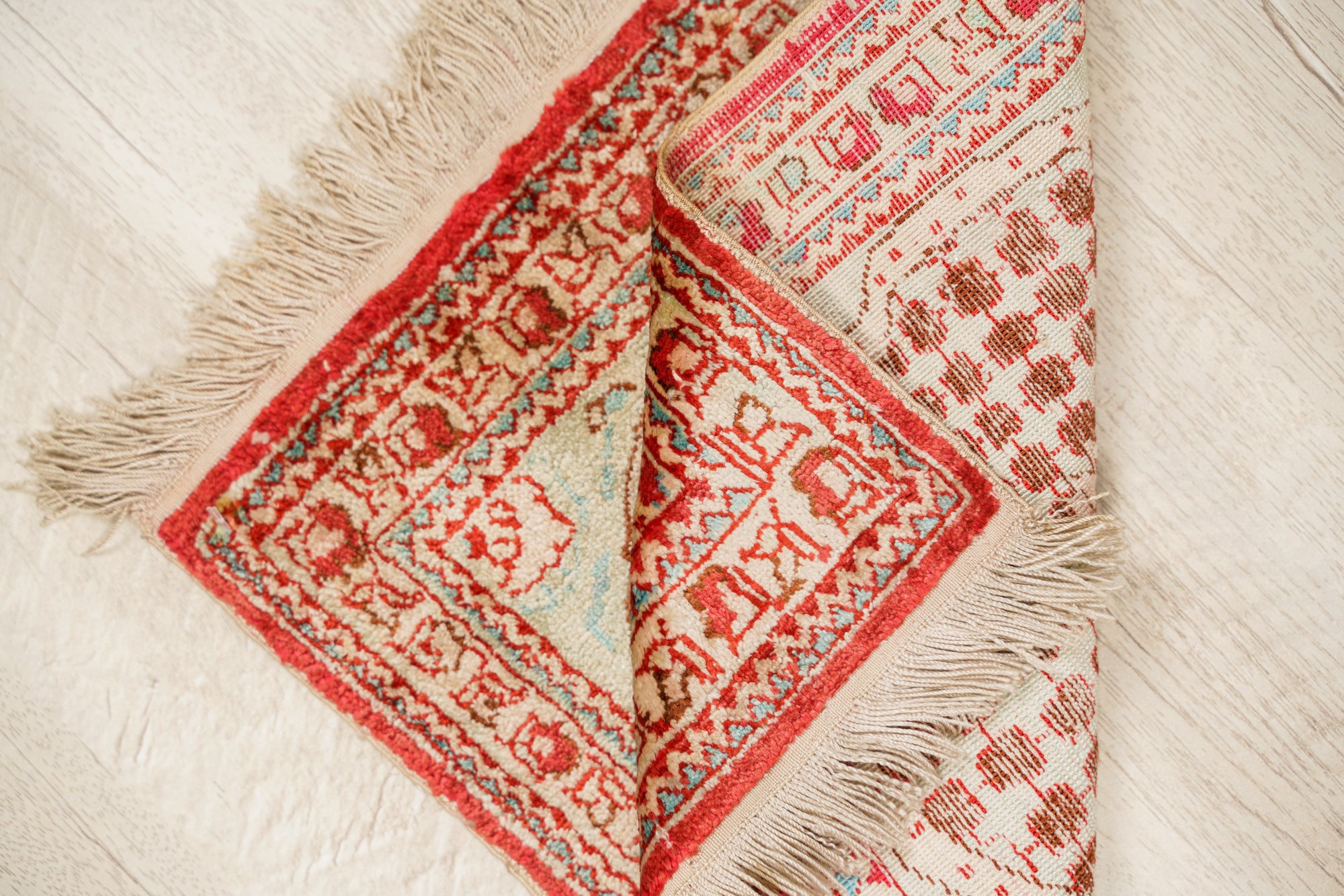 Vintage oriental silk table rug 1'2" x 1'1"