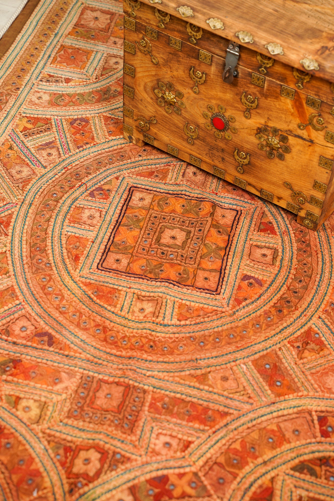 Vintage Indian Mirror embroidery textile 5'1" x 3'4"