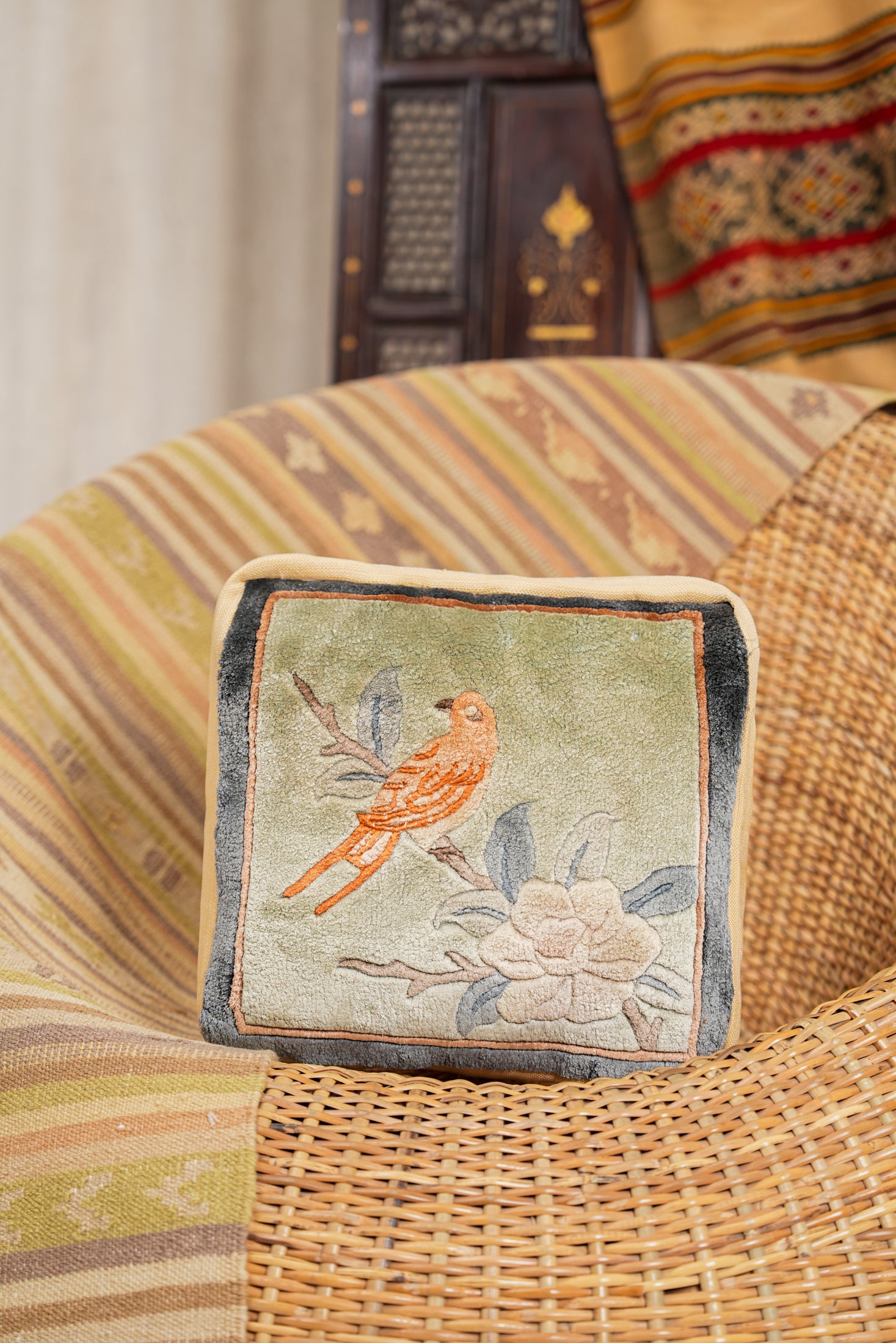 Vintage Chinese Silk Rug Cushion 1' X 1'