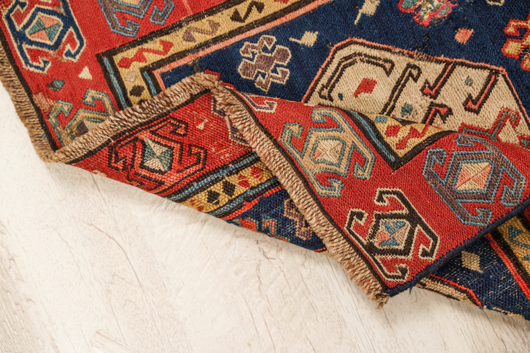 Antique caucasian Shahsavan soumak bagface 1'5" x 1'5"