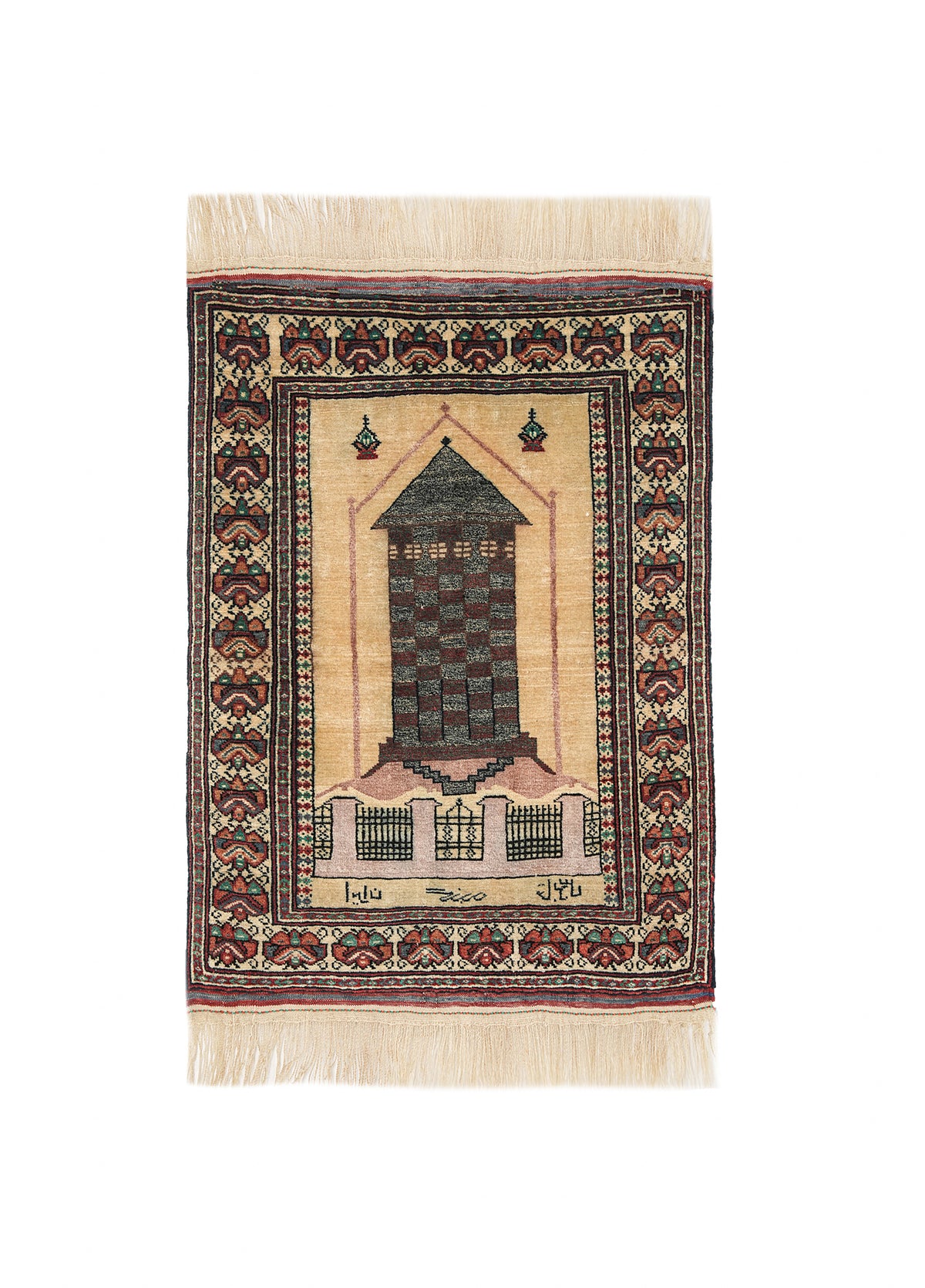 Vintage Balouch tribal wool rug 3.4 x 2.4 ft with beige field, architectural motif and earthy geometric borders, Balochistan, circa 1980s.