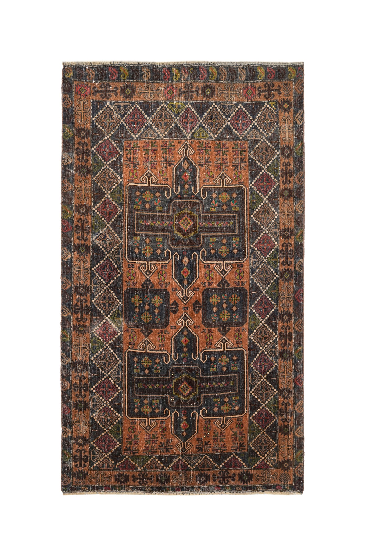 Vintage Baluch rug 6.4 x 3.9 ft, hand-knotted in pure wool with geometric medallions in terracotta, brown, charcoal and ivory, circa 1960s.