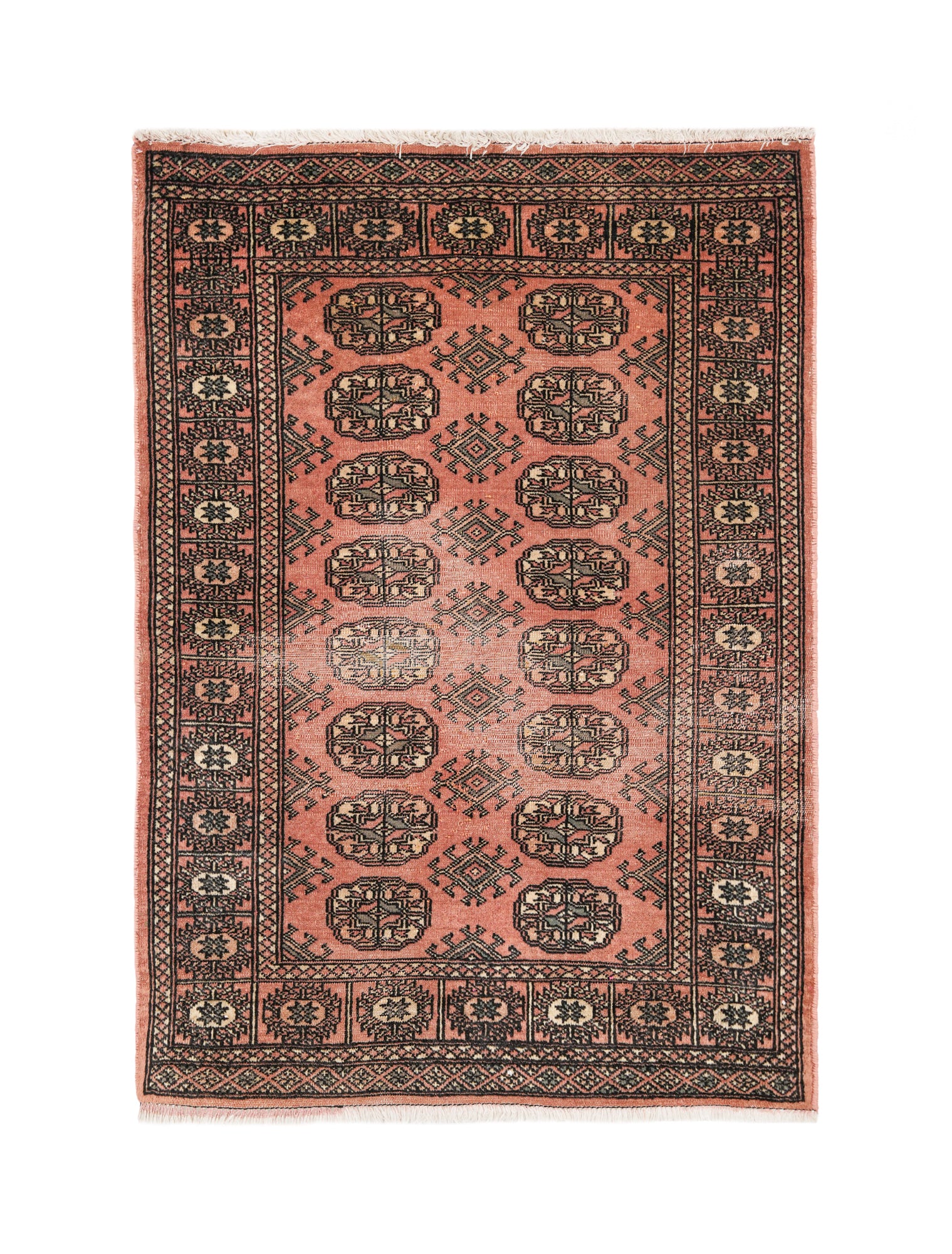 Vintage Pakistani Bokhara wool rug with blush pink field and traditional gul motifs, 3'9" x 2'9", 1980s.
