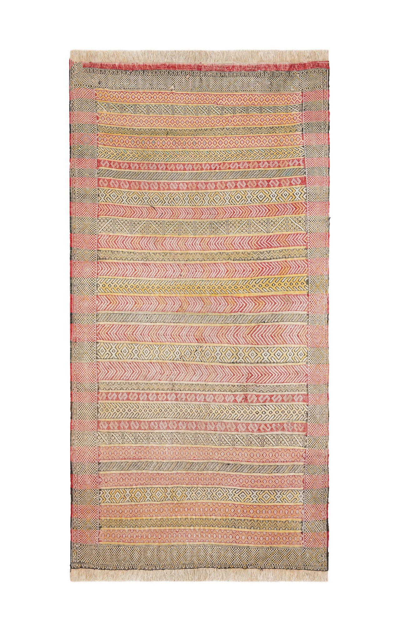 Vintage Moroccan Berber kilim rug 6'8" x 3'7" with geometric tribal motifs in soft pink, beige and earthy tones, handwoven in the 1980s.