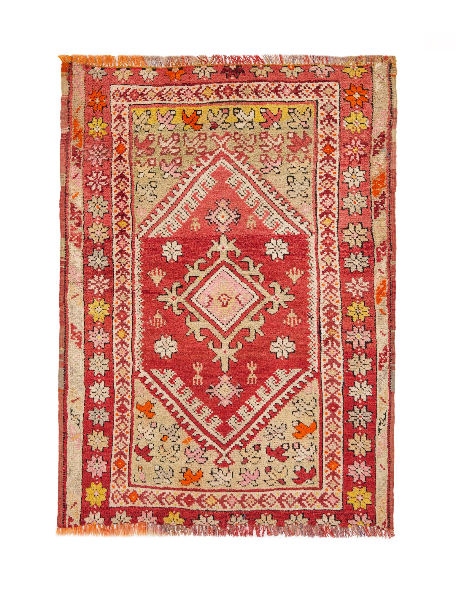 Vintage Moroccan Rabat rug 3'9" x 2'10" with coral-red field, diamond medallion and floral motifs, hand-knotted wool, 1950s.