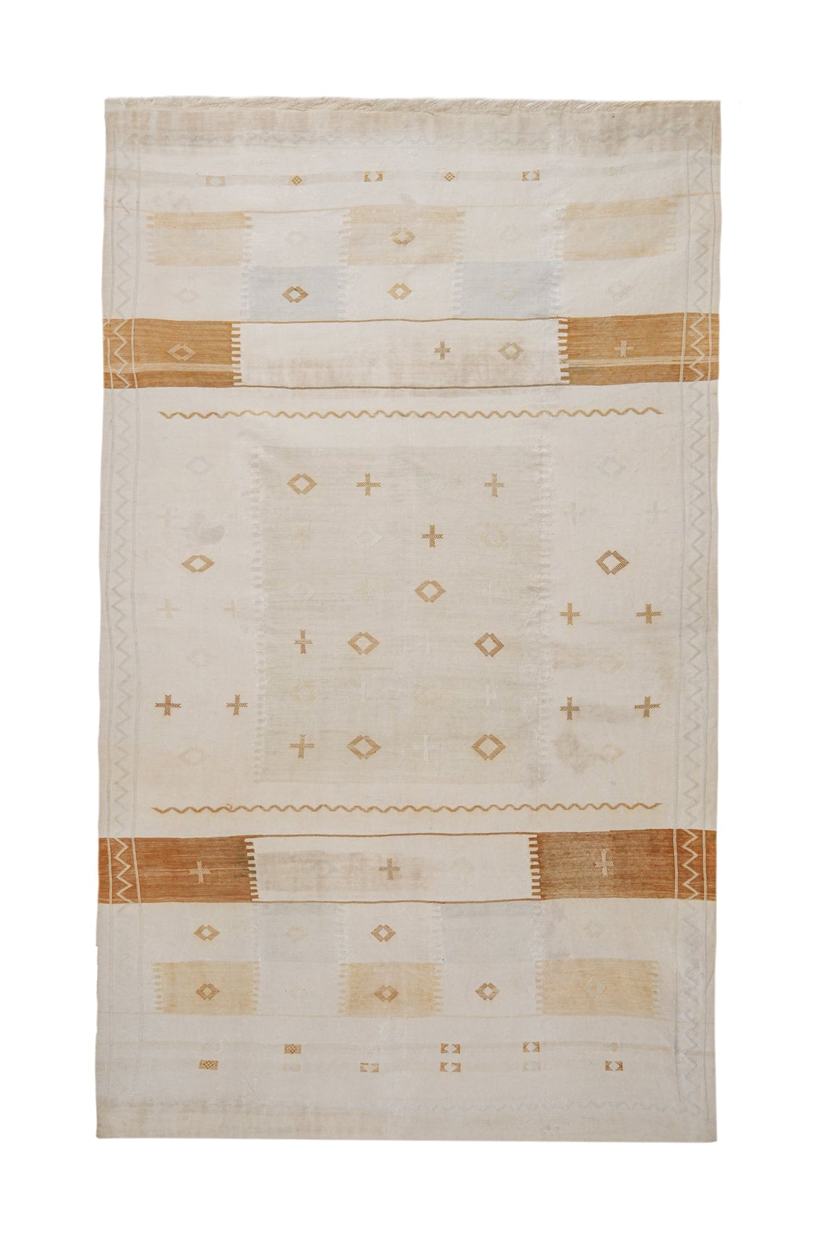 Vintage Moroccan cactus silk kilim 9.2 x 5.5 ft in ivory and cream with geometric Berber motifs, handwoven in Sabra silk, circa 1980s.