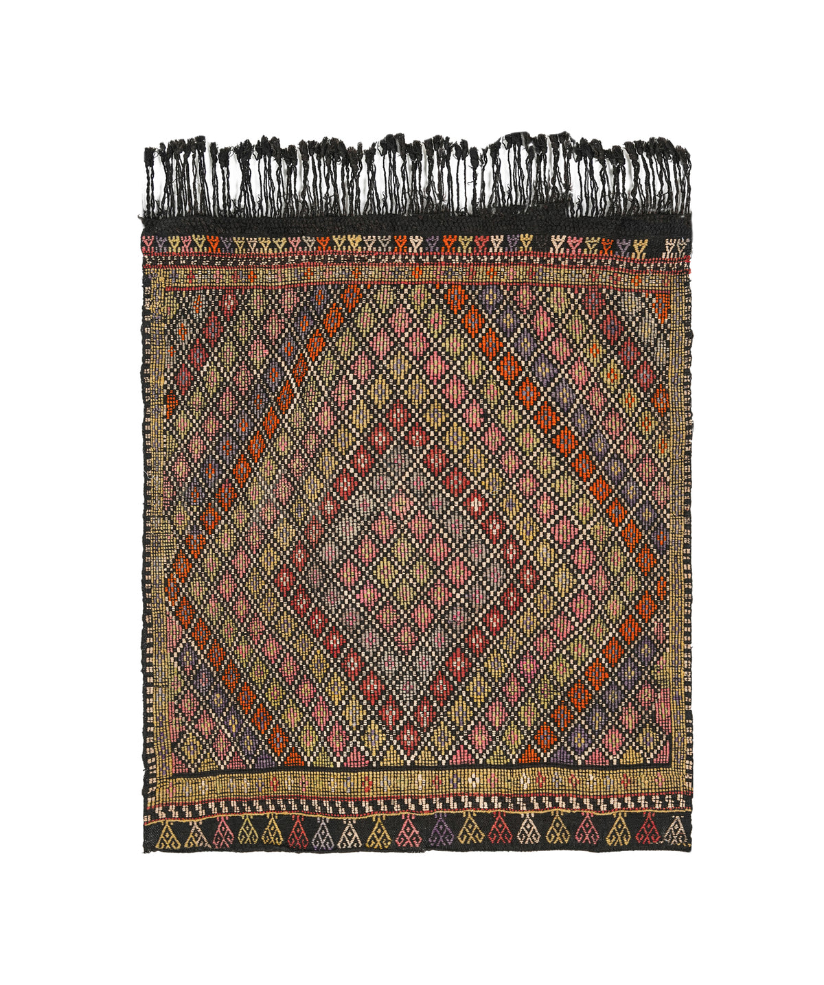 Vintage Turkish Cecim kilim 3.10 x 4 ft, handwoven in pure wool with colorful geometric tribal motifs on a deep charcoal ground, Turkey circa 1960s.