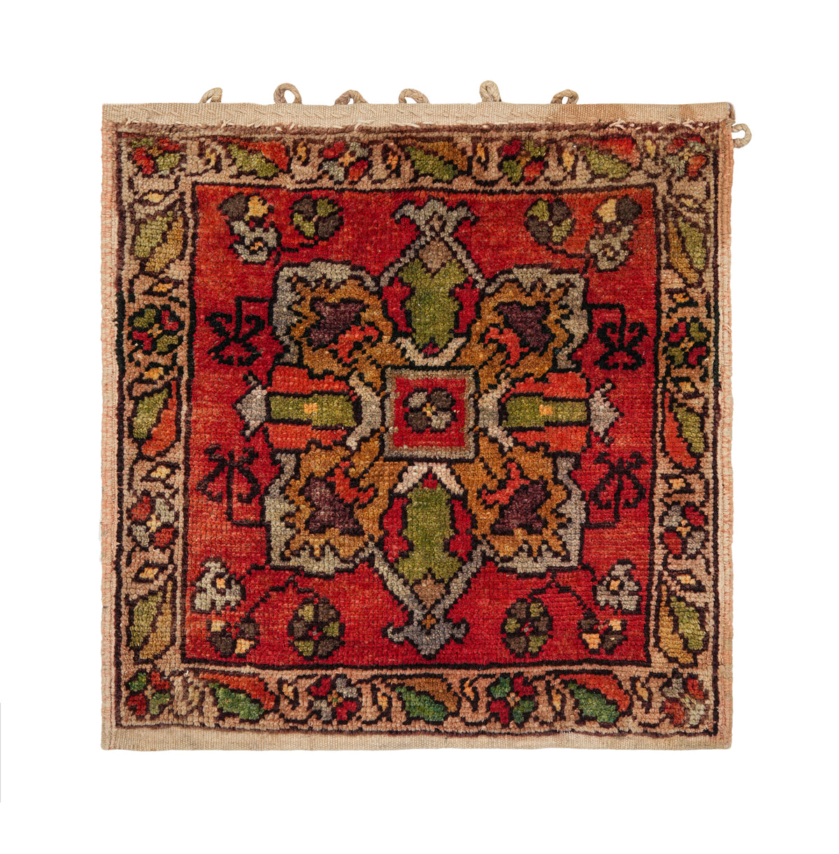 Vintage Turkish wool rug 1.8 x 1.8 ft with terracotta-red field, geometric floral medallion and colourful border, hand-knotted circa 1970s.