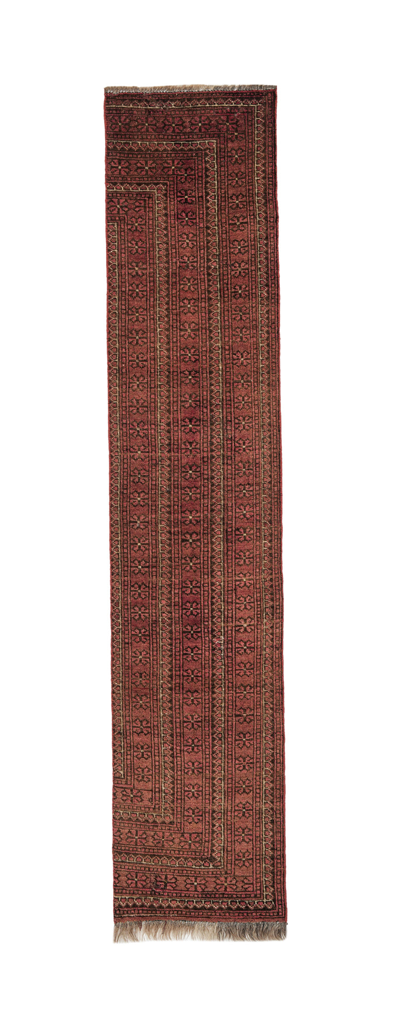 Vintage Turkmen rug fragment 6.11 x 1.6 ft, hand-knotted in pure wool with rich red tones and geometric tribal motifs, circa 1950s.