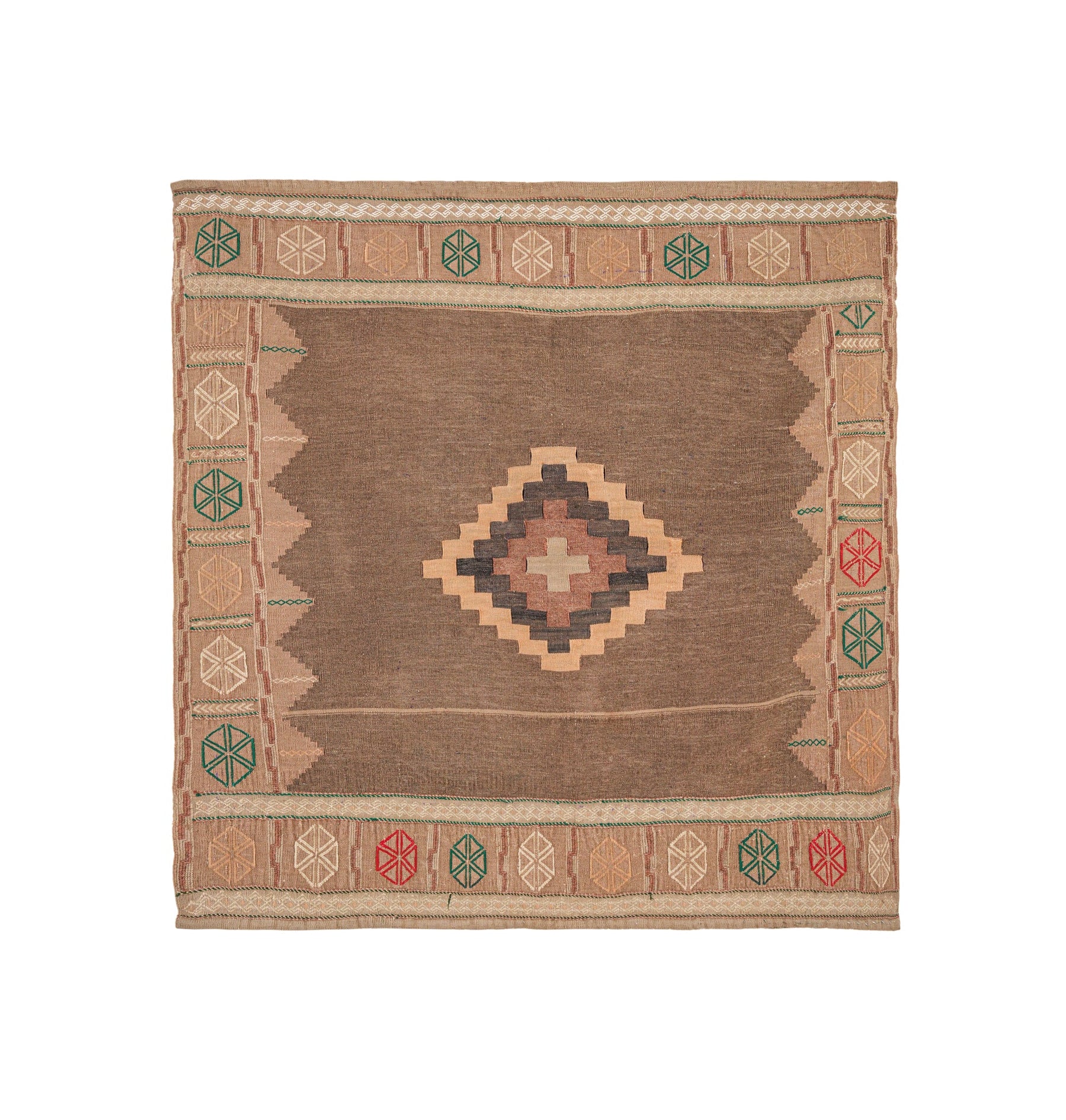 Vintage Turkmen Sofreh Kilim 4' x 4' with geometric diamond medallion and traditional tribal motifs, handwoven in pure wool, 1960s.