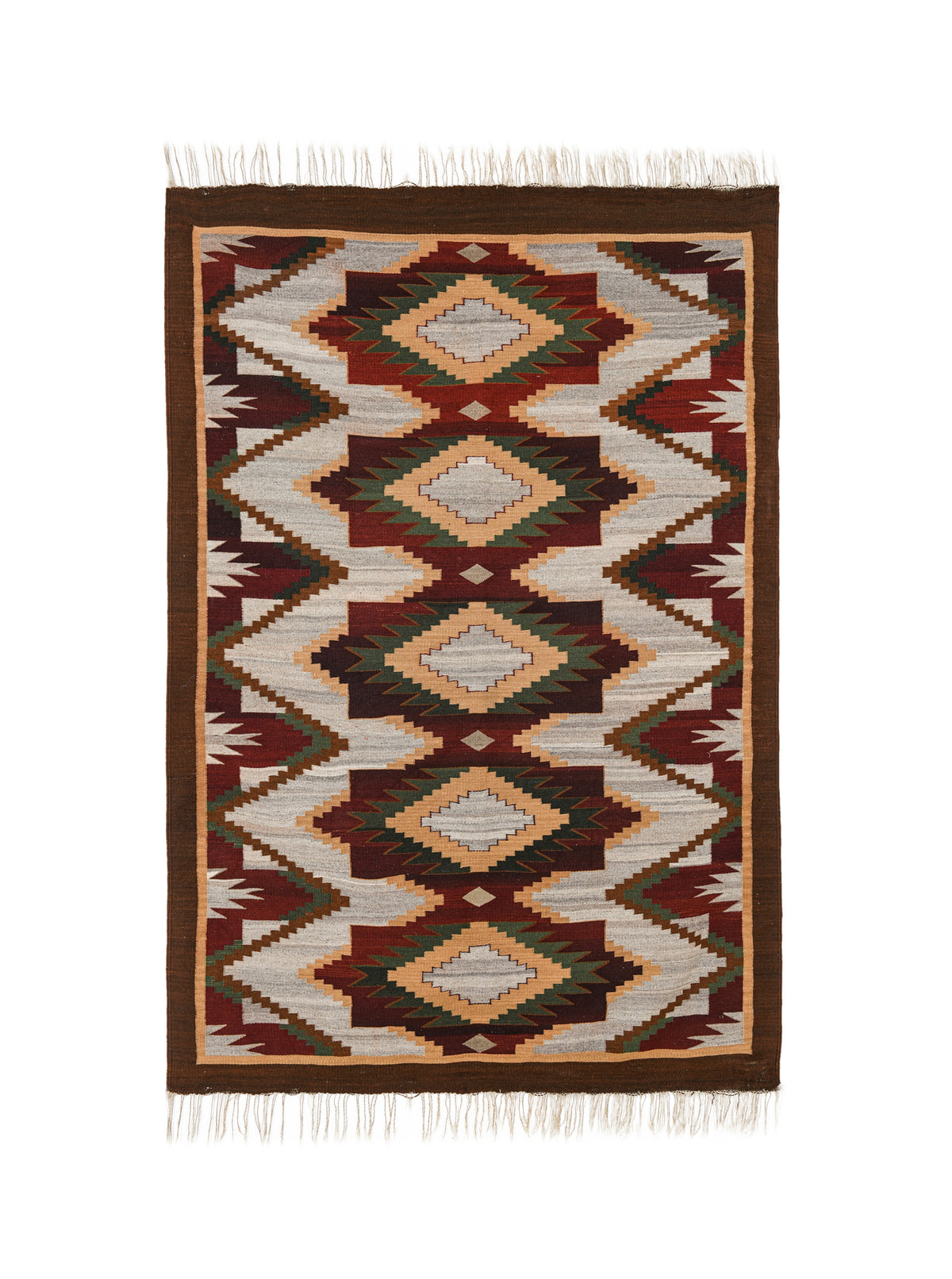 Mexican Zapotec kilim 7.10 x 5.6 ft with stepped diamond motifs in terracotta, burgundy, green and ochre, handwoven in wool circa 1980s.