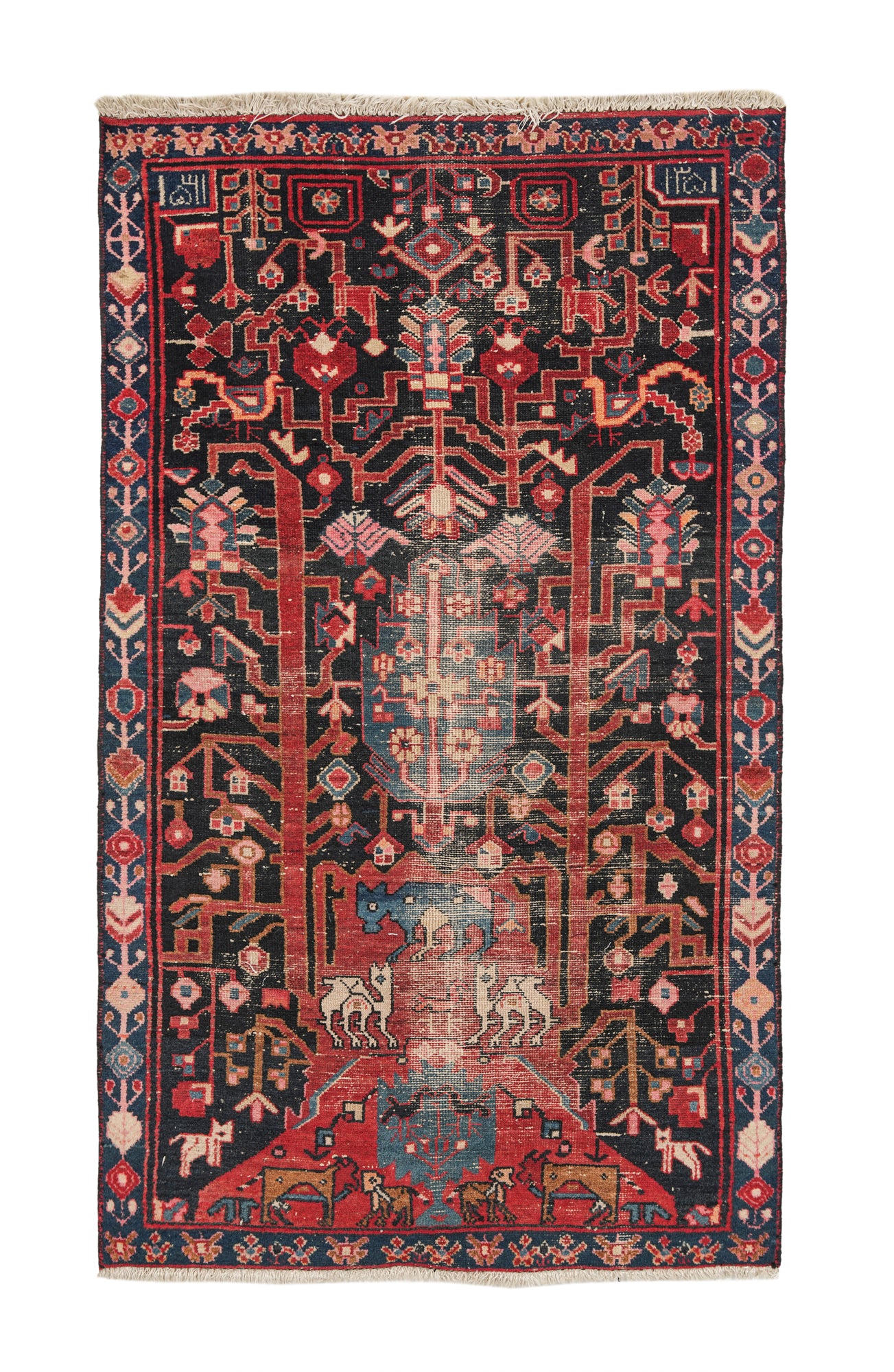 Antique Tree of Life pictorial rug 5'9" x 3'4" with hand-knotted wool, animal motifs and rich tribal design