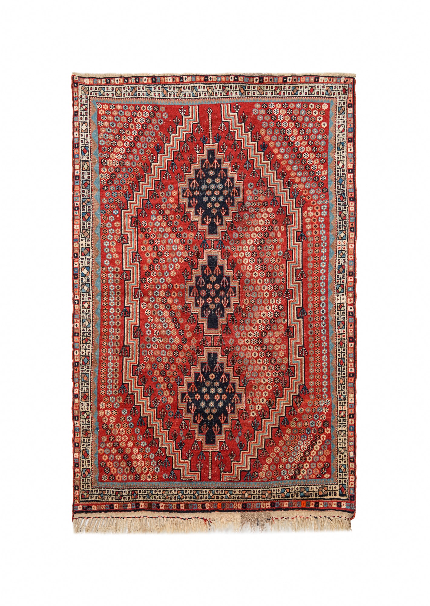 Vintage Qashqai wool rug 8 x 5.1 ft with red field, navy tribal medallions and hand-knotted geometric design