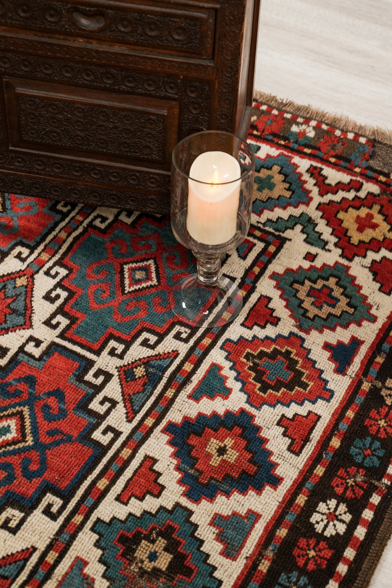 Antique Caucasian Memling Gol Kazak Rug 7'9" x 4'5"